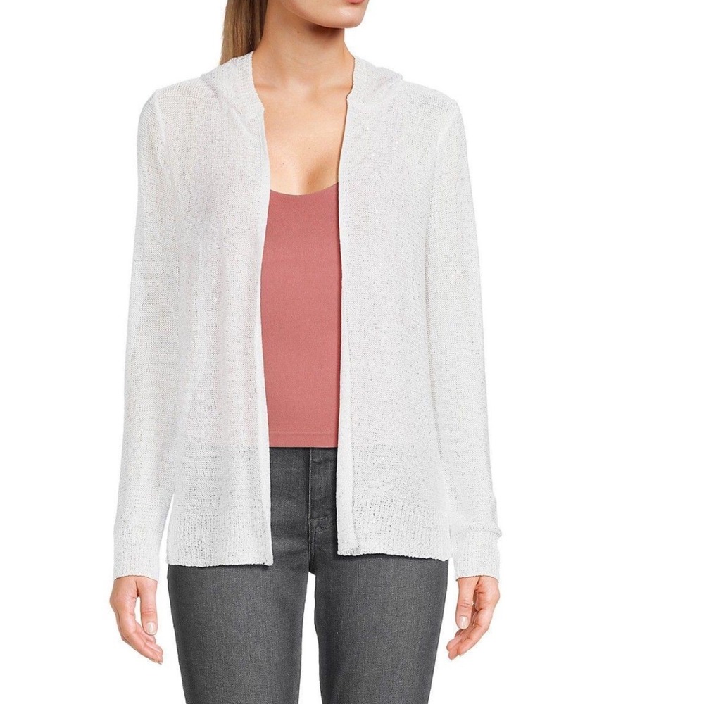 SIONI Women's Hooded‎ Cardigan White Sequin Knit Open Front Lightweight Size L